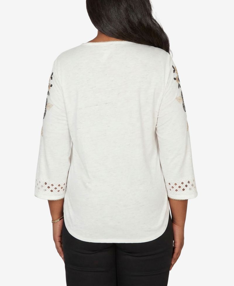 Petite Detail Driven Floral Embroidered Textured Crewneck Top