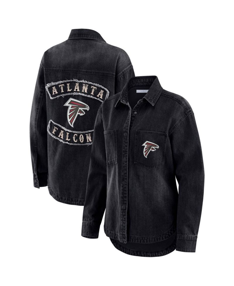 Women's Black Atlanta Falcons Washed Oversized Denim Full-Snap Shacket