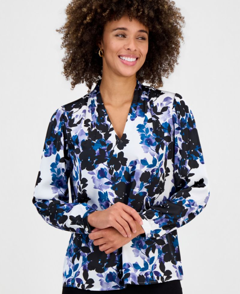 Women's V-Neck Pleated-Shoulder Blouse
