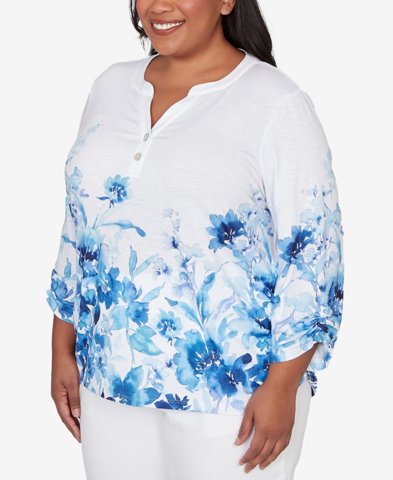 Plus Size Mykonos Watercolor Floral Border Henley Top