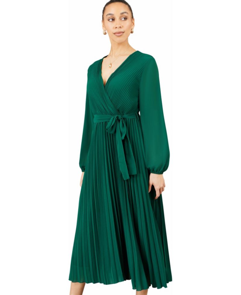 Women's Long-Sleeve V-Neck Pleated Wrap Midi Dress