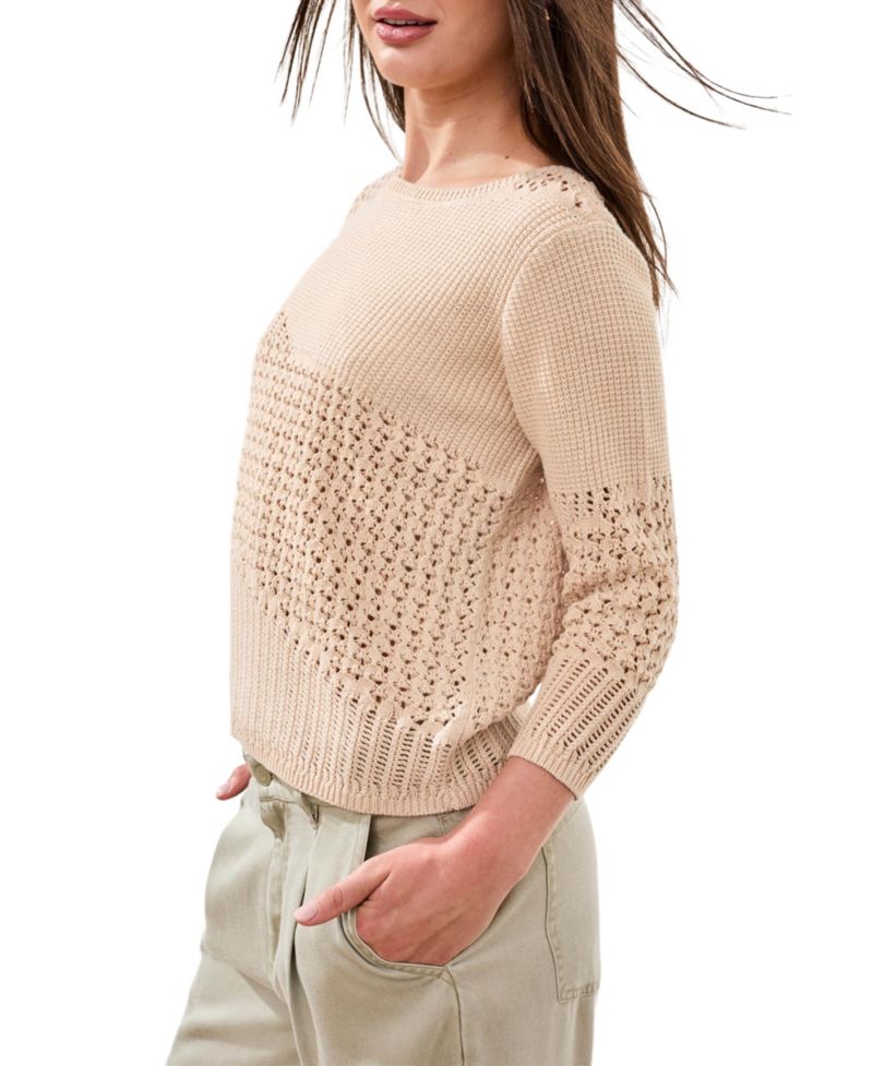 Women's Eyelet Texture Three-Quarter-Sleeve Sweater