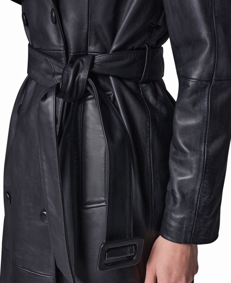 Women's Double Breasted Belted Leather Trench Coat