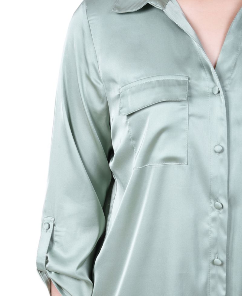 Petite 3/4 Sleeve Roll Tab Satin Blouse