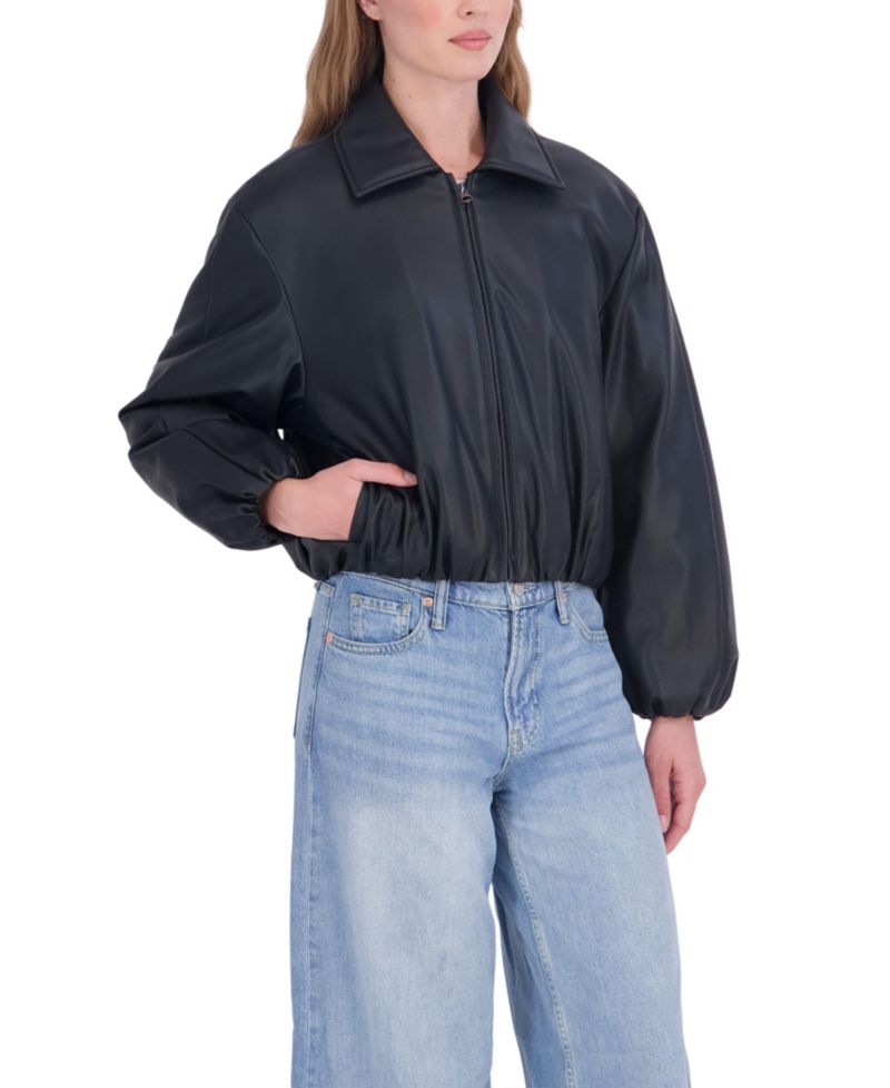 Women's Bubble Hem Bomber Faux Leather Coat
