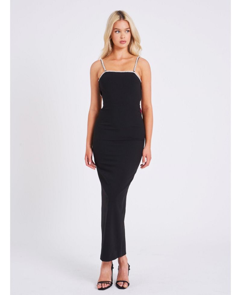 Women's Flore Black Crystal Straps Backless Gown With Bow