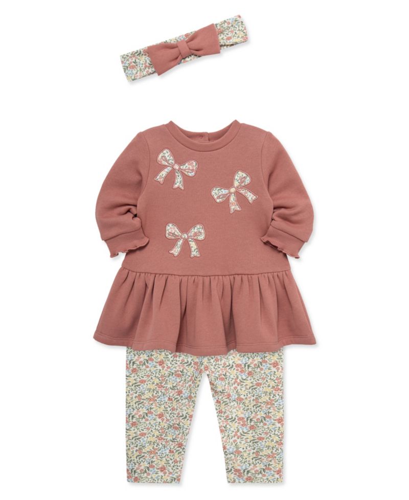 Baby Girls' Embroidered Bow Sweatshirt Dress, Floral Print Pants and Headband, 3-Piece Set
