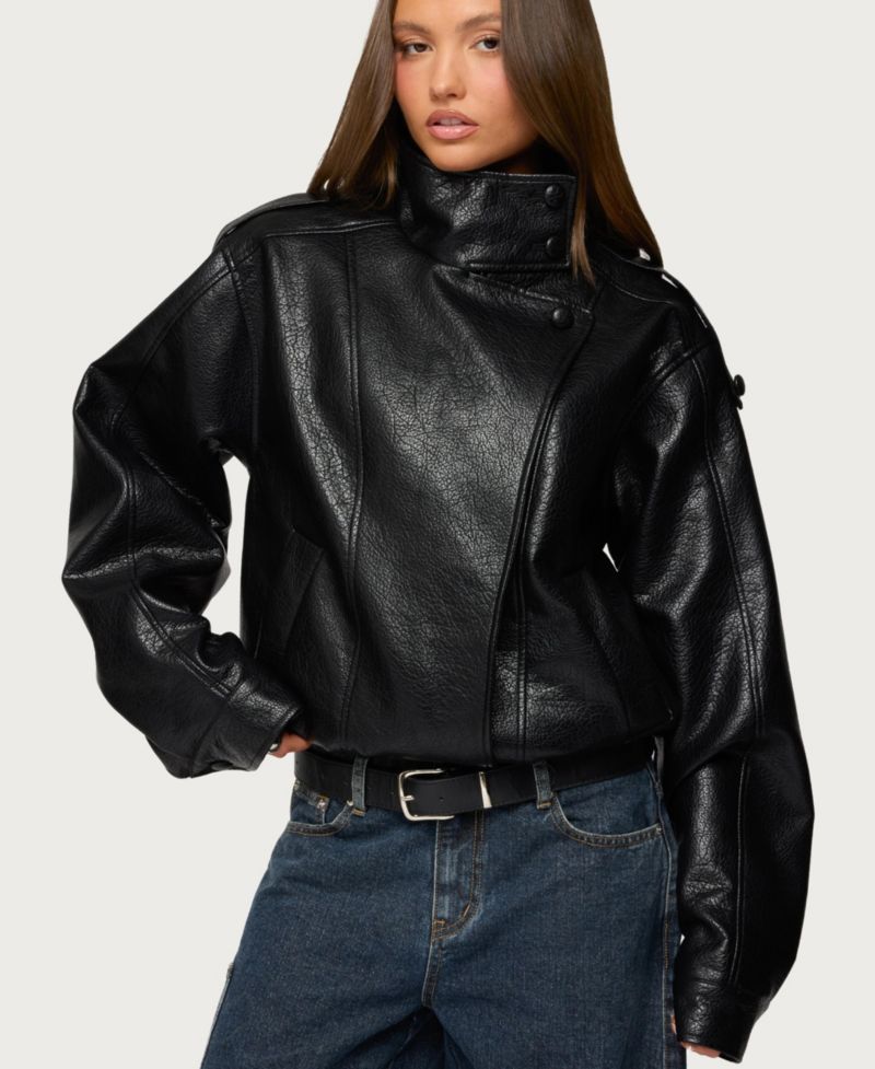 Women's Jaicee High Neck Oversized Faux Leather Jacket