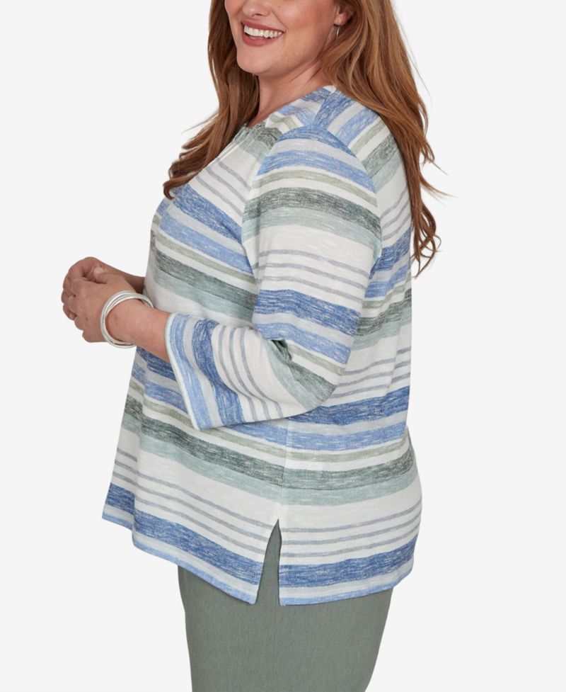 Plus Size Provence Striped Crewneck 3/4-Sleeve T-Shirt