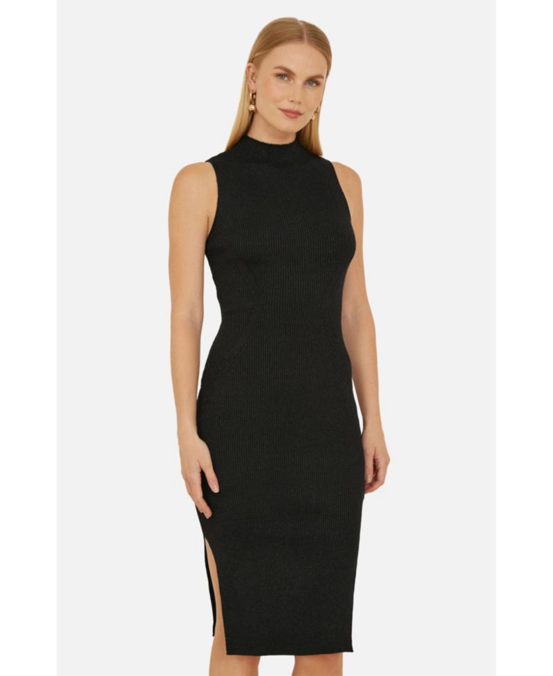 Women's Fitted Side-Slit High-Neck Midi Dress