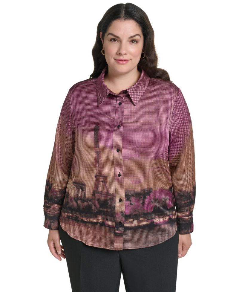 Plus Size Button-Down Collared Long-Sleeve Blouse