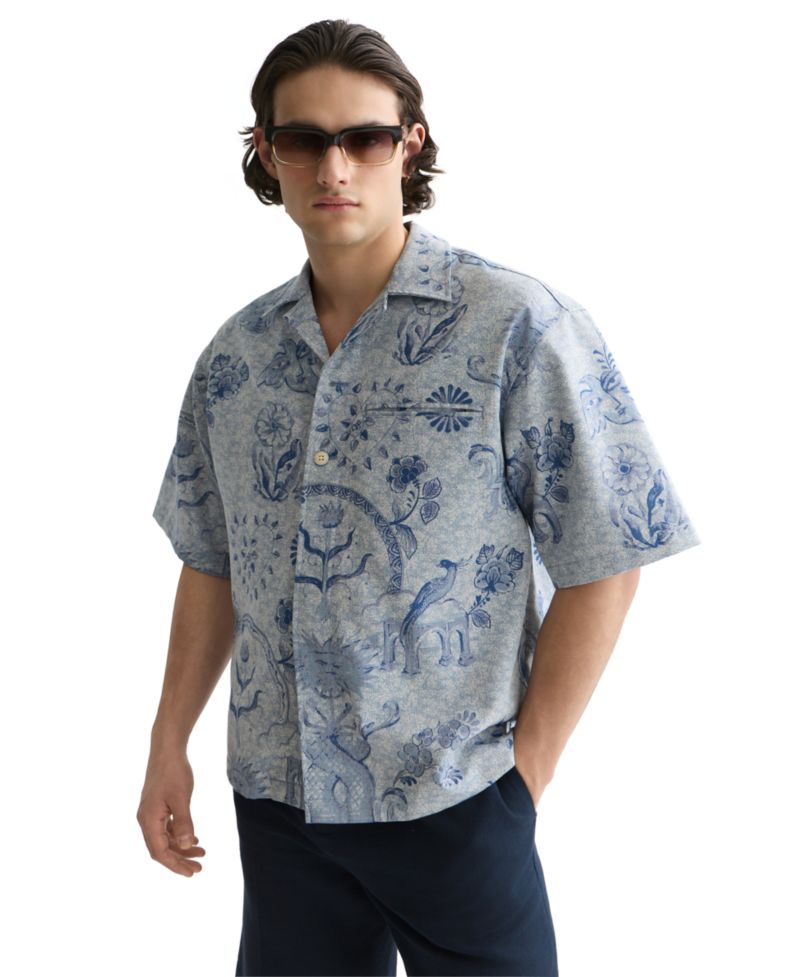 Men's Jacquard Spread Collar Short-Sleeve Shirt