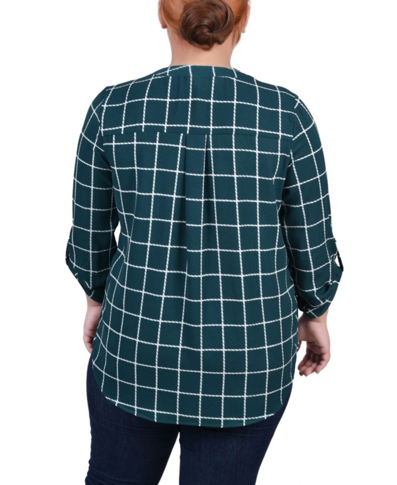 Plus Size 3/4 Sleeve Mandarin Collar Blouse with Front Pleats