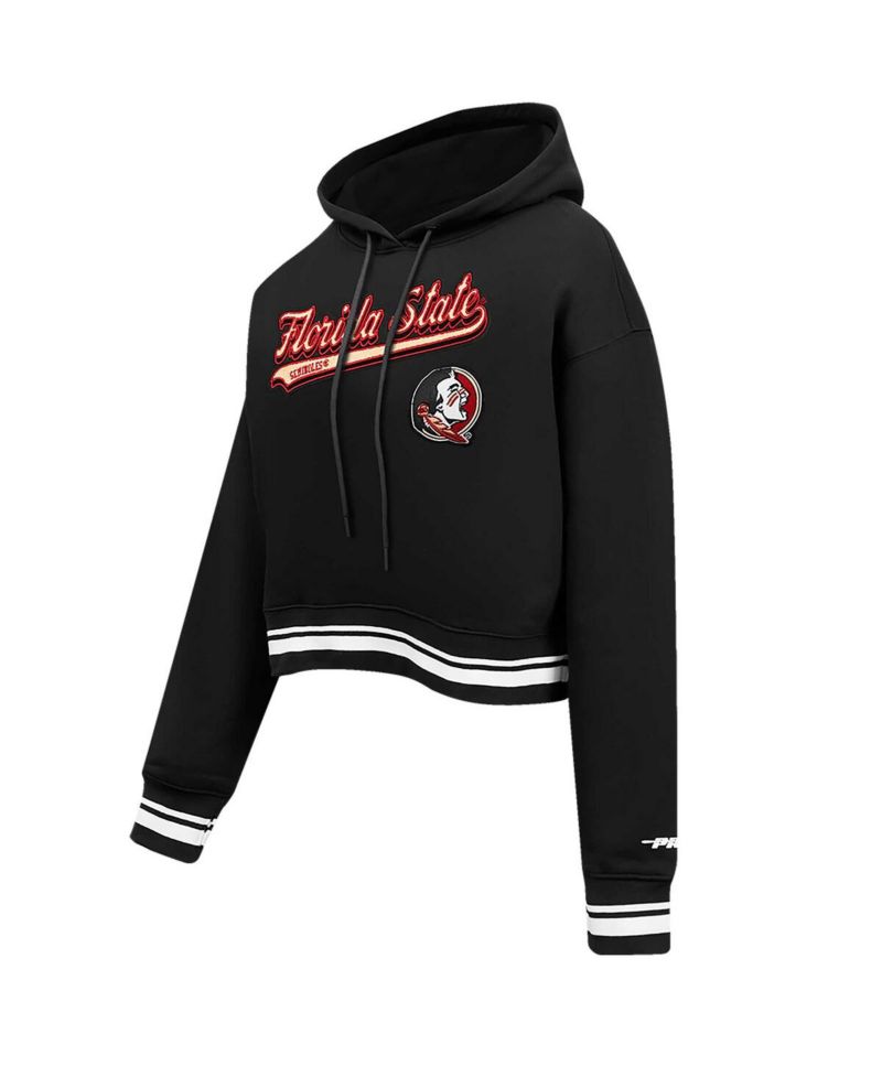 Women's Black Florida State Seminoles Script Tail Fleece Cropped Pullover Hoodie