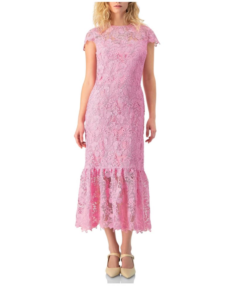 Women's Lace Cap-Sleeve Midi Dress