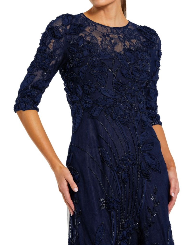 Petite High Neck Embellished Lace Gown with 3/4 Sleeves