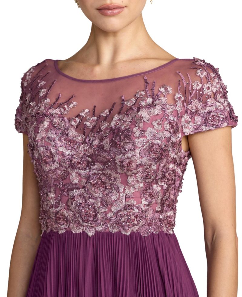 Petite Embroidered Cap Sleeve High Neck Pleated Gown