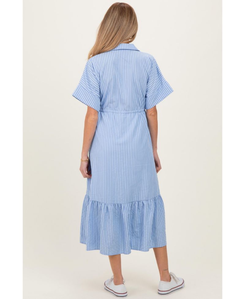 Women's Light Blue Striped Button Collared Midi Dress