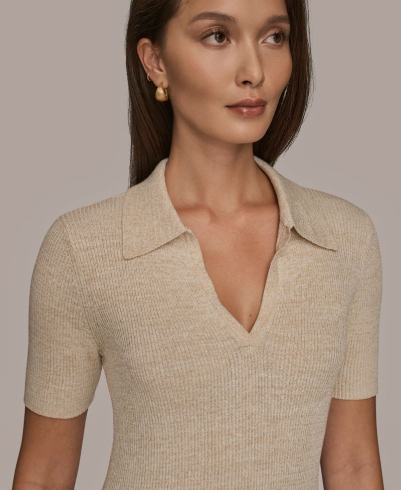 Women's Cotton Rib Elbow Sleeve Polo Sweater