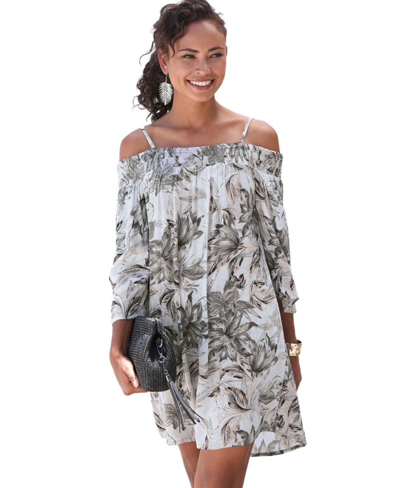 Women's Viscose Printed Off Shoulder Smocked Short Dress