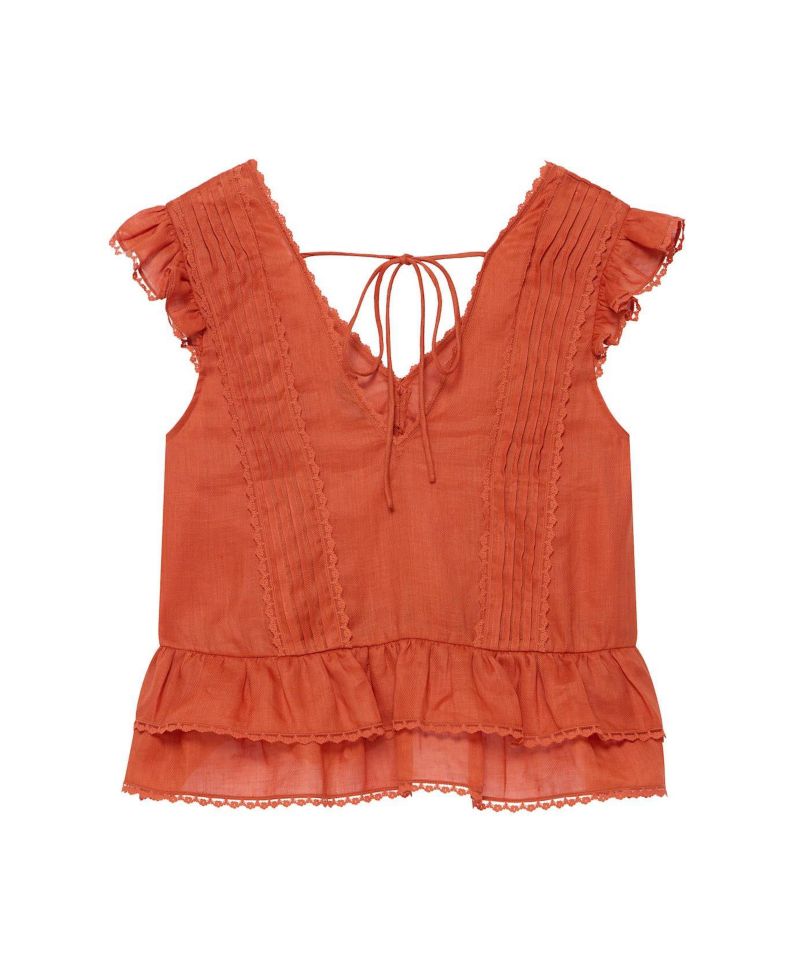 Women's V-Neck Ruffle Sleeveless Ramie Blouse