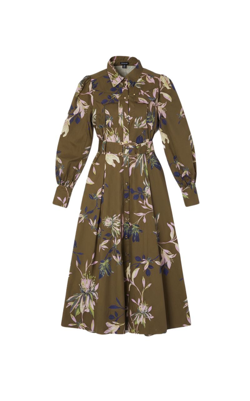 Women's Floral Cotton Sateen Midi Shirt Dress