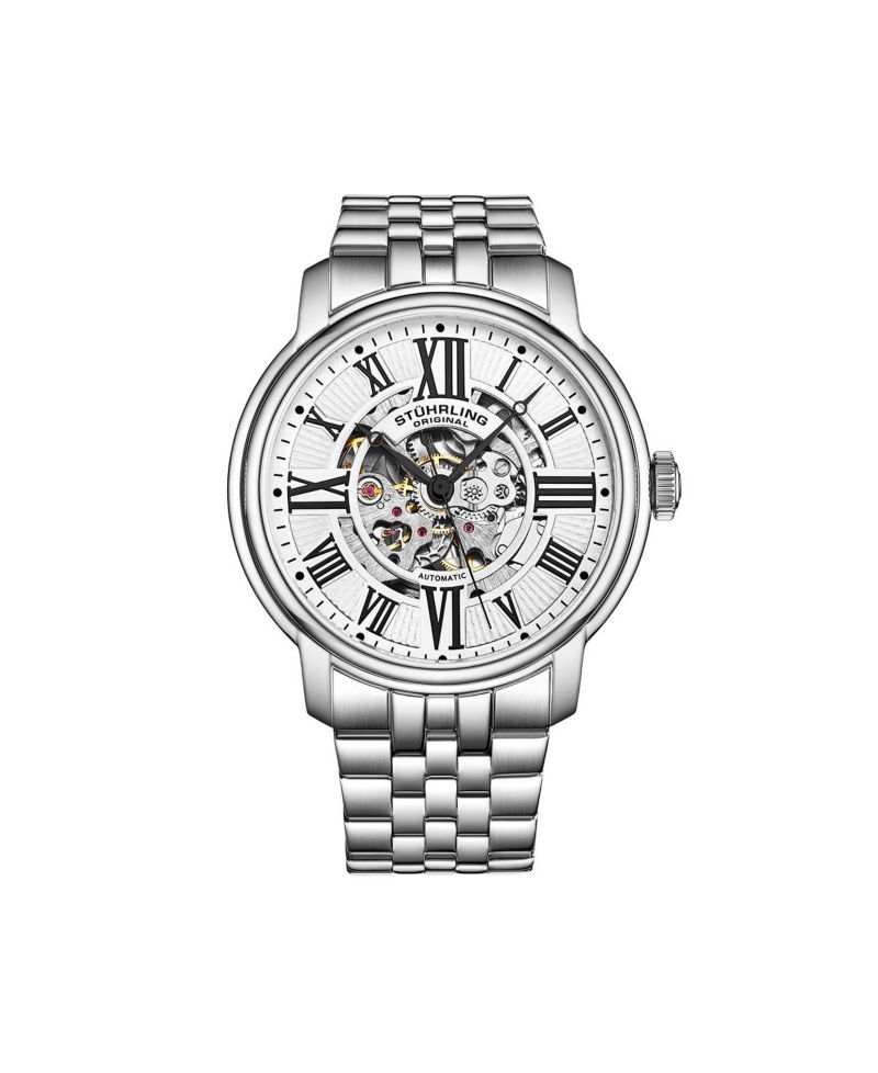 Atrium 4031 Men s Automatic Skeleton Watch – 42mm, Silver-Tone Case & Bracelet, Blue Skeleton Dial with Silver Accents