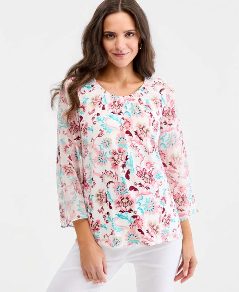 Women's Printed Chiffon-Sleeve Gathered-Neck Top