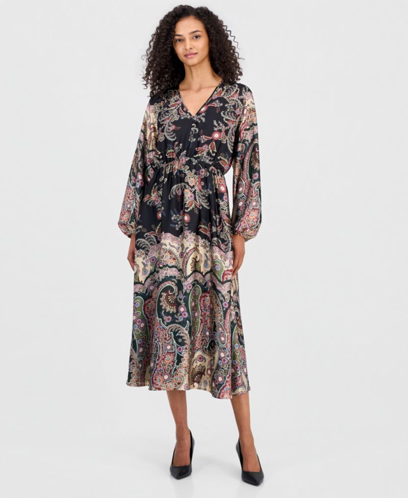 Women's Long-Sleeve Smocked-Waist Split-Neck Midi Dress