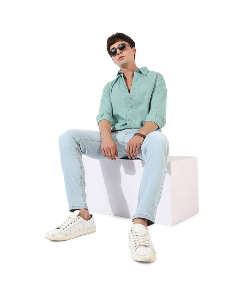 Men's Solid Aqua Green Regular Fit Casual Shirt