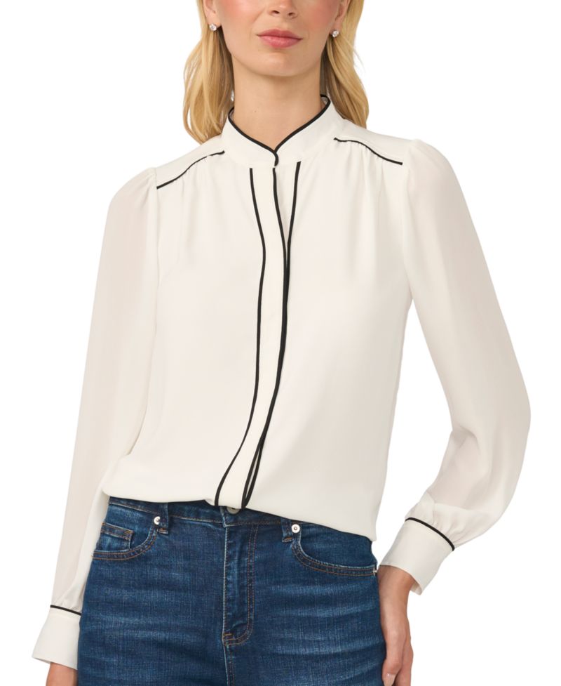 Women's Long-Sleeve Open-Collar Blouse with Contrast Piping