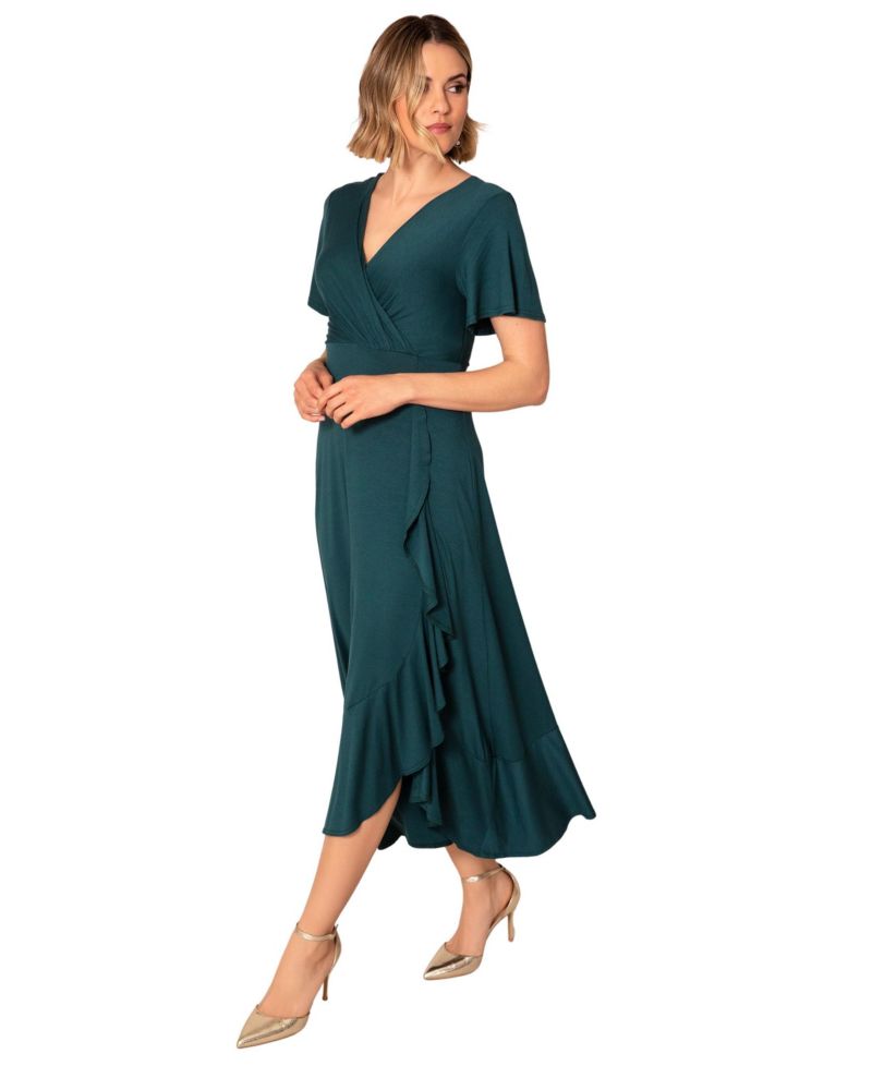 Petite Waterfall Ruffle Wrap V-Neck Short-Sleeve Midi Dress
