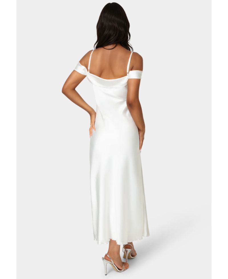 Women's Drape Shoulder High Slit Satin Maxi Dress