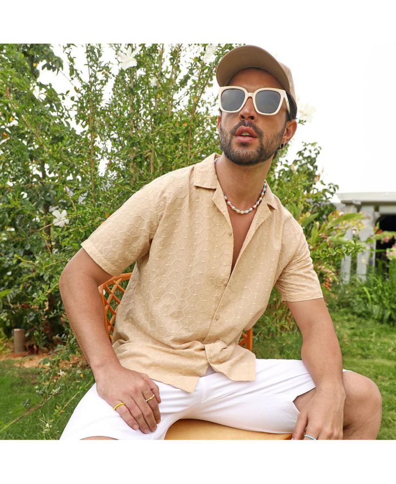 Men's Beige Embroidered Geometric Shirt