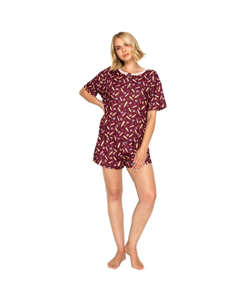 Women's Yummy Henley Short-Sleeve Ribbed-Jersey Top and Shorts Set