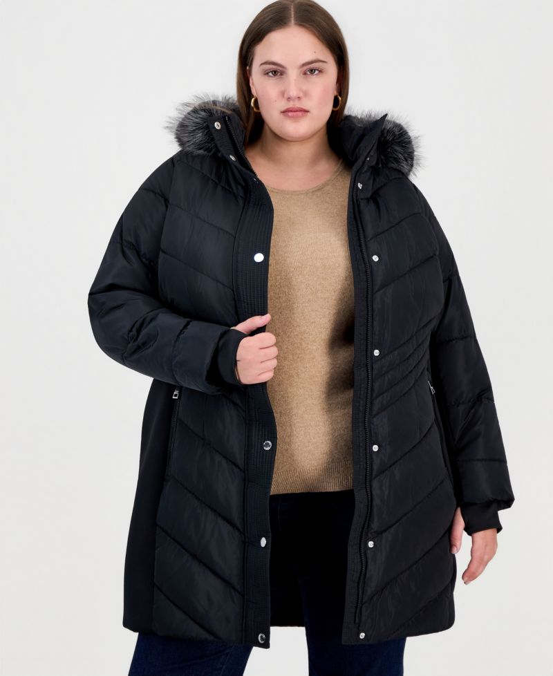 Plus Size Hooded Faux Fur Trim Puffer Coat