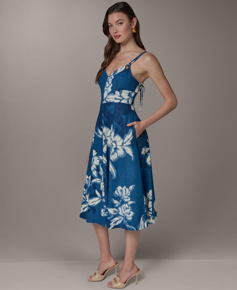 Women's V-Neck Linen Blend Fit & Flare Sleeveless Midi Dress