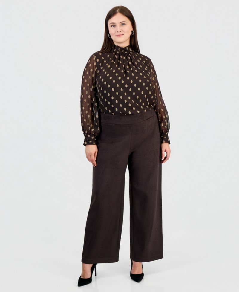 Plus Size Faux Suede High-Waisted Wide-Leg Pull-On Pants