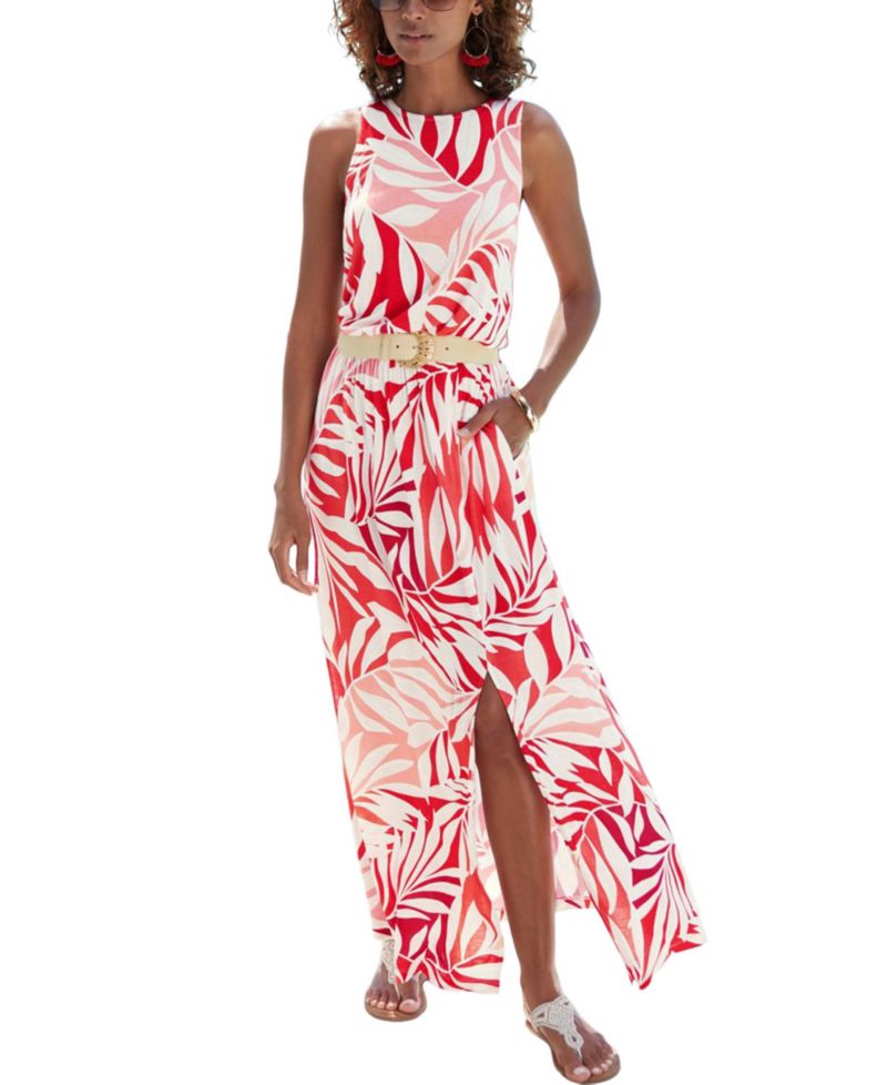 Women's Viscose Tropical Print Side Slit Column Elastic-Waist Maxi Dress