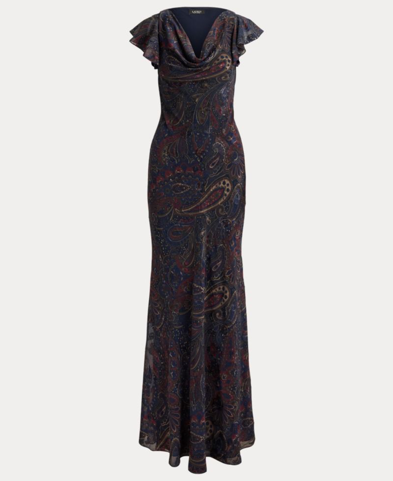 Women's Paisley Clipped Jacquard Cowlneck Gown