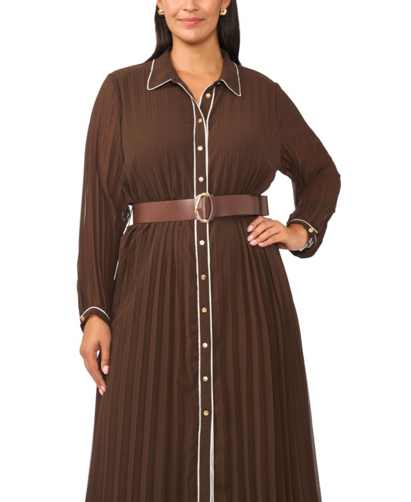 Plus Size Pleated Button-Up Long-Sleeve Midi Dress