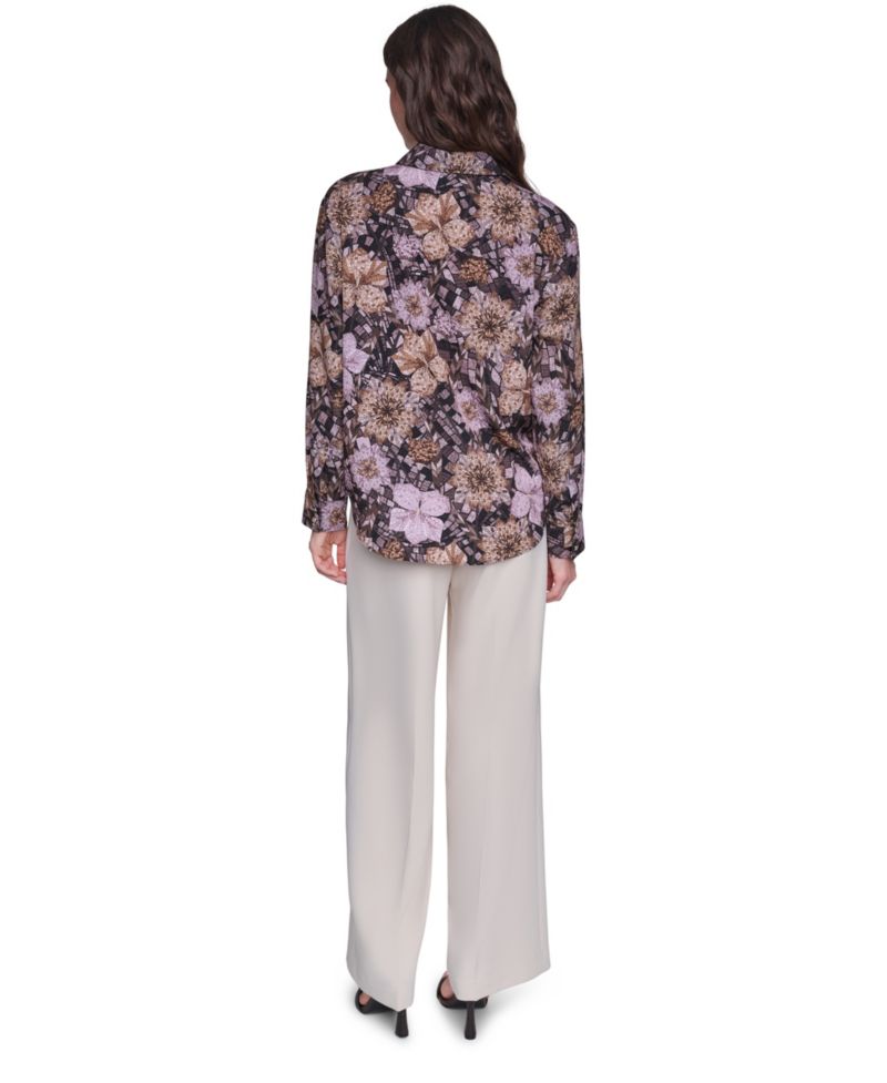 Women's Floral-Print Long-Sleeve Point-Collar Blouse