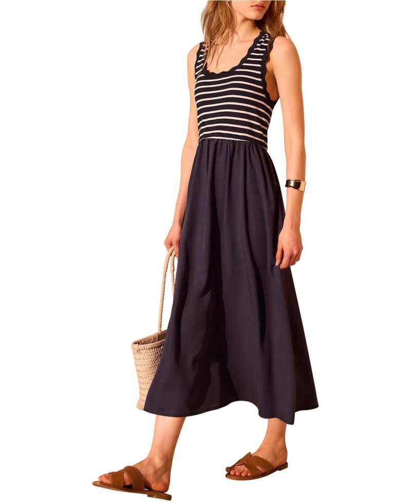 Women's Striped Scallop Trim A-Line Dress