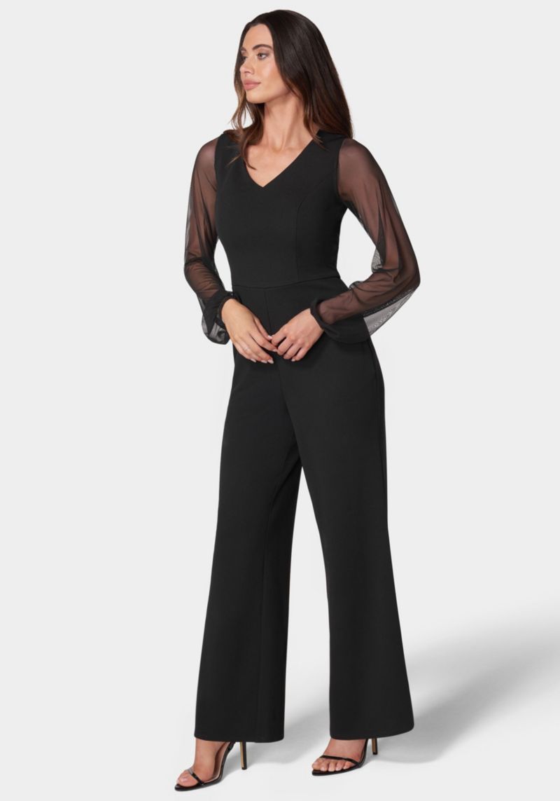 Women's V-Neck Jumpsuit with Powermesh Sleeve