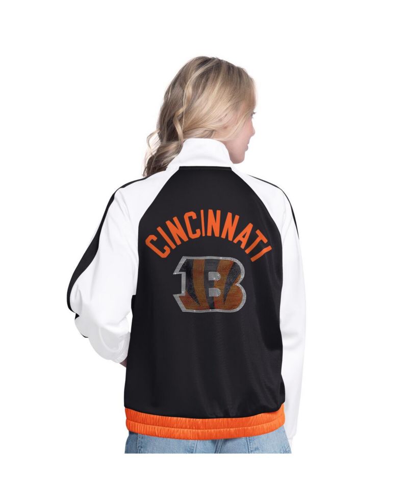 Women's White/Black Cincinnati Bengals Rally Rhinestone Full-Zip Track Jacket