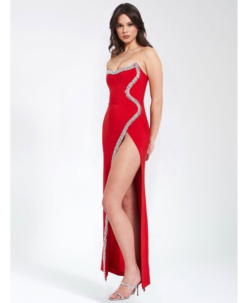 Women's Xoana Red Crystal Embellished High Slit Gown