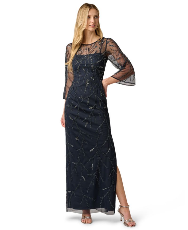 Women's Bead Mesh Illusion Boat Neck Gown