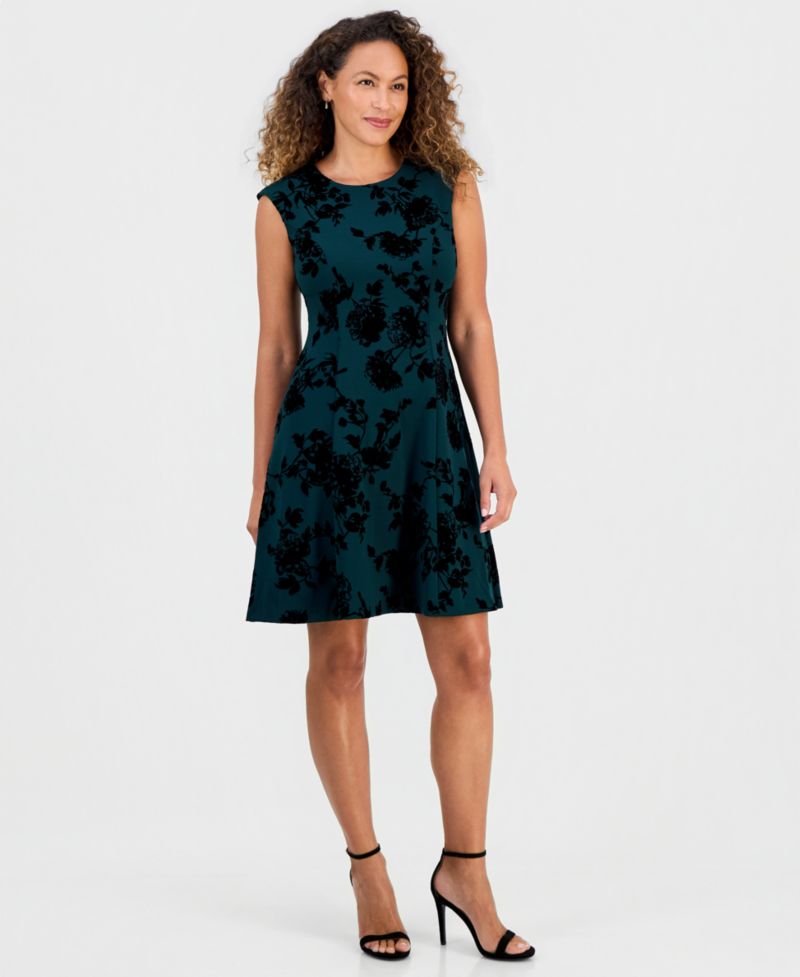 Petite Wedding Guest Floral-Print Flocked Dress