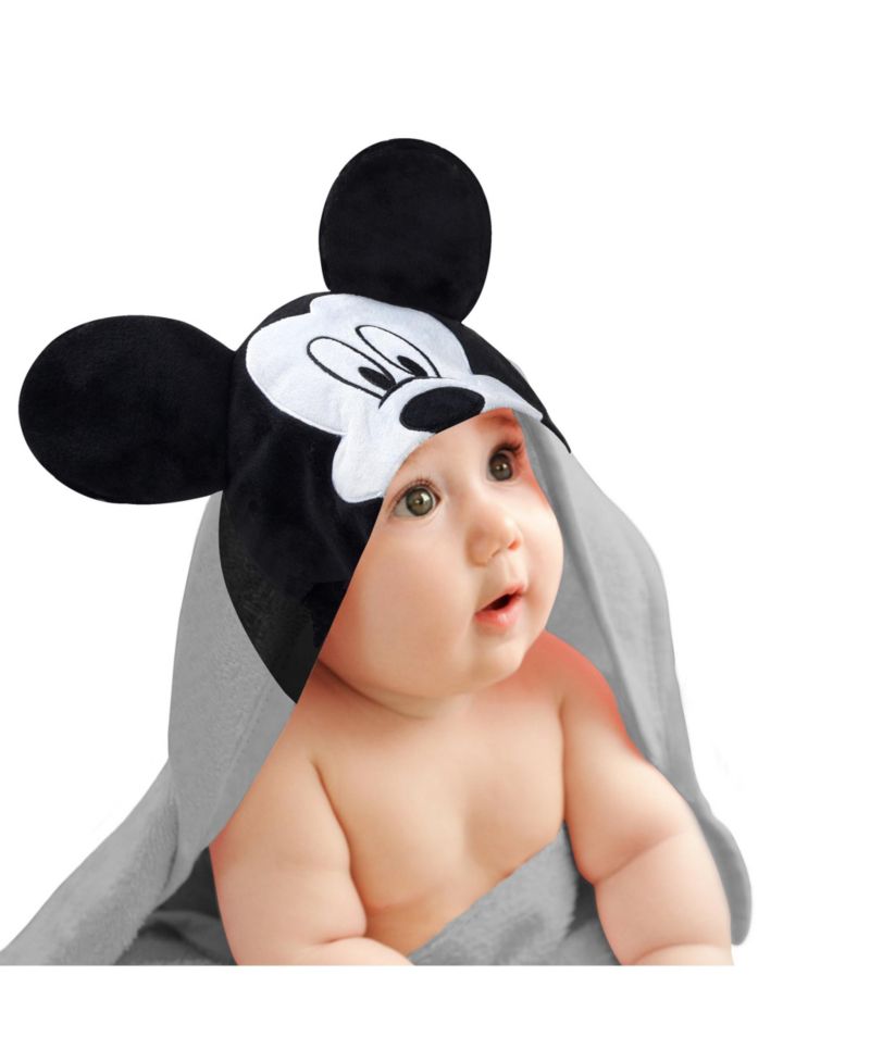 Baby Boys Lambs and Ivy Disney Mickey Mouse Gray Cotton Hooded Bath Towel