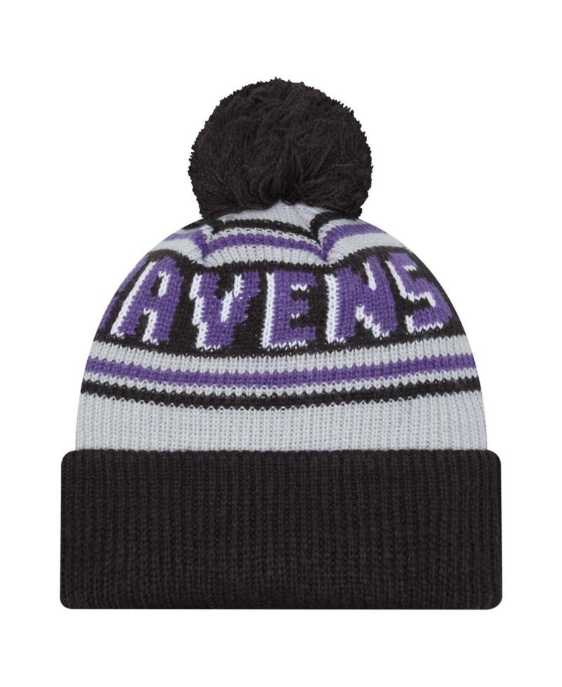 Big Boys and Girls Black Baltimore Ravens Main Cuffed Knit Hat with Pom